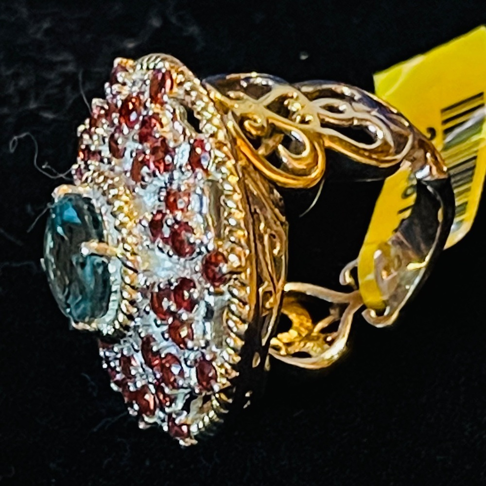 Belgium Teal Fluorite and Mozambique Garnet set in Sterling Silver Sz 7 Ring